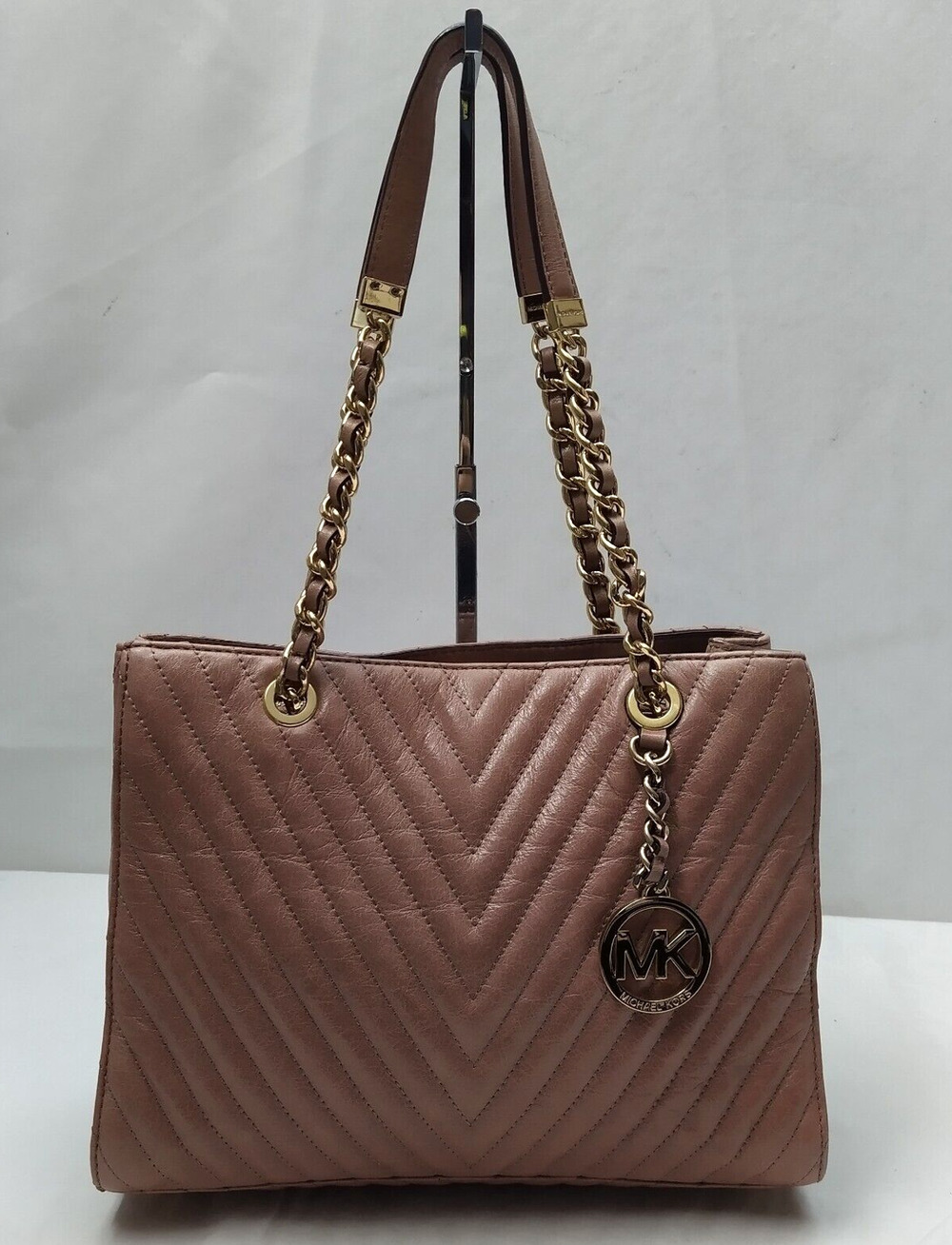 Michael Kors Brown Leather Chevron Quilted Chain Straps Shoulder Bag